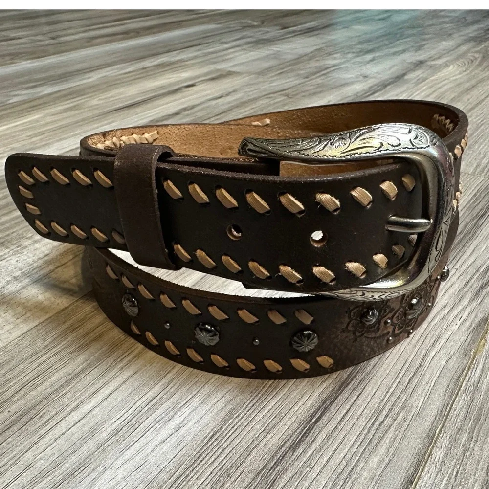 Women's Dark Brown Genuine Leather Whipstitch Western Belt Floral Studded XL