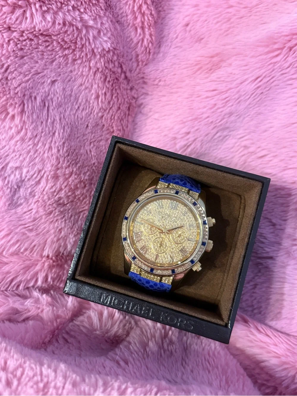 Michael Kors Gold Tone Crystal Pavé Watch with Blue Strap