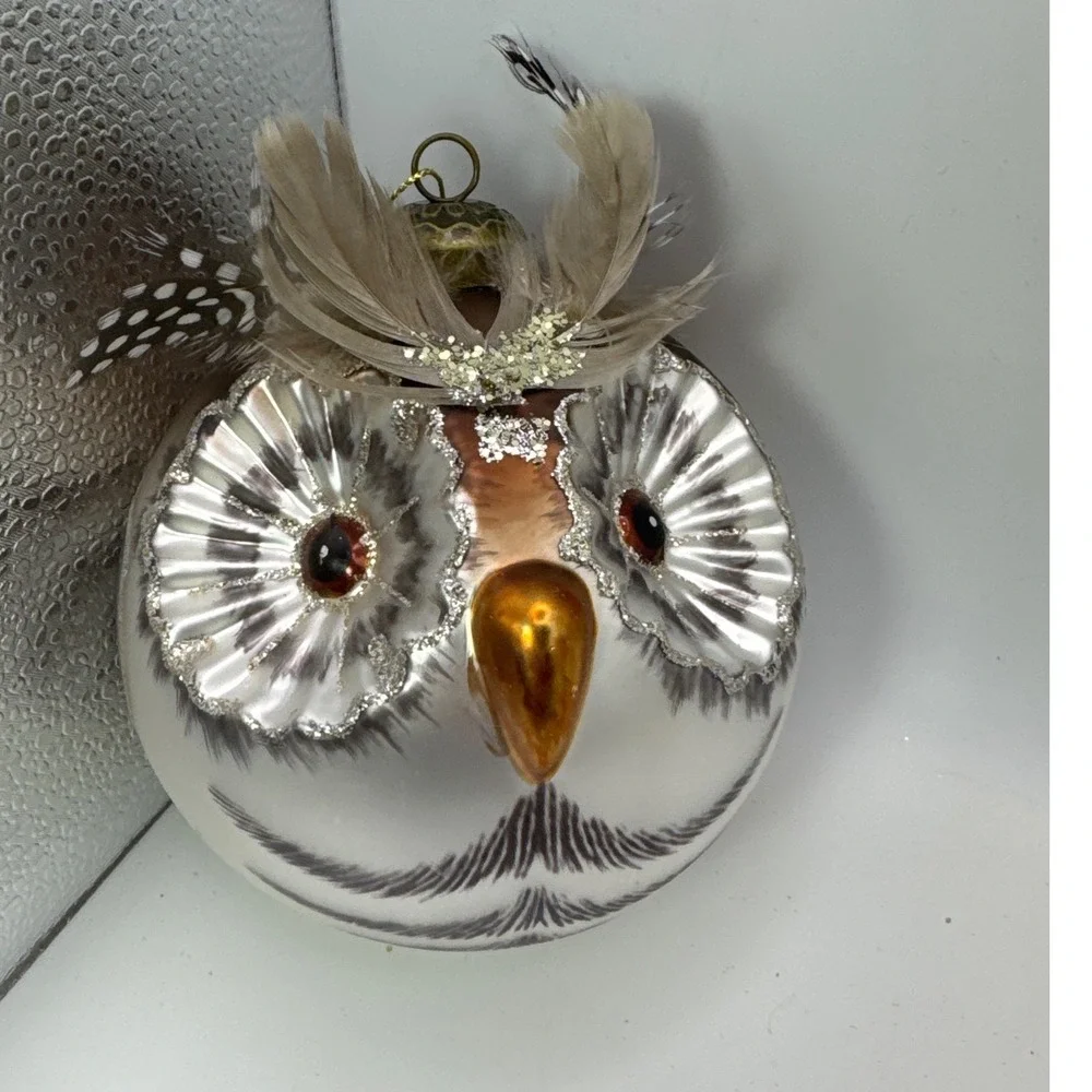 Vintage Style Glass Owl Christmas Ornament Feather Accents Silver Glitter 4 Inch