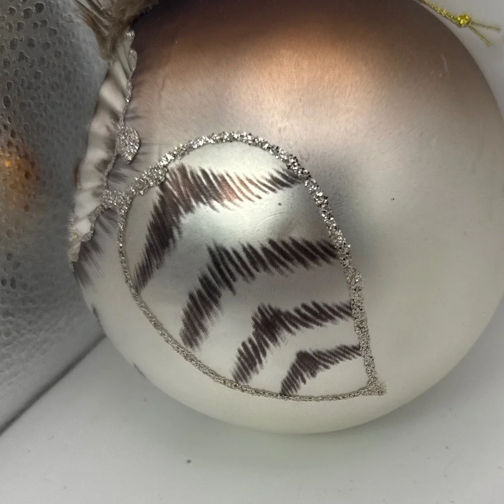 Vintage Style Glass Owl Christmas Ornament Feather Accents Silver Glitter 4 Inch