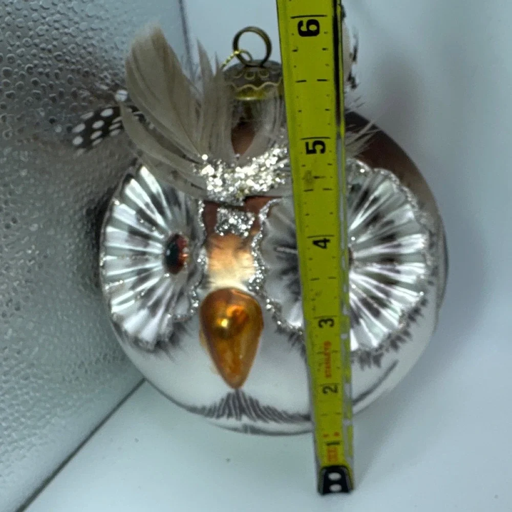 Vintage Style Glass Owl Christmas Ornament Feather Accents Silver Glitter 4 Inch