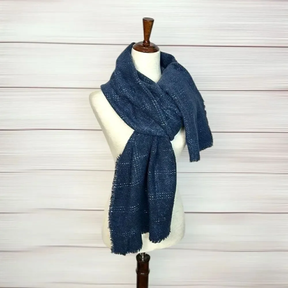 NWT Talbots Blue Wrap Scarf Metallic Windowpane Large Chunky New