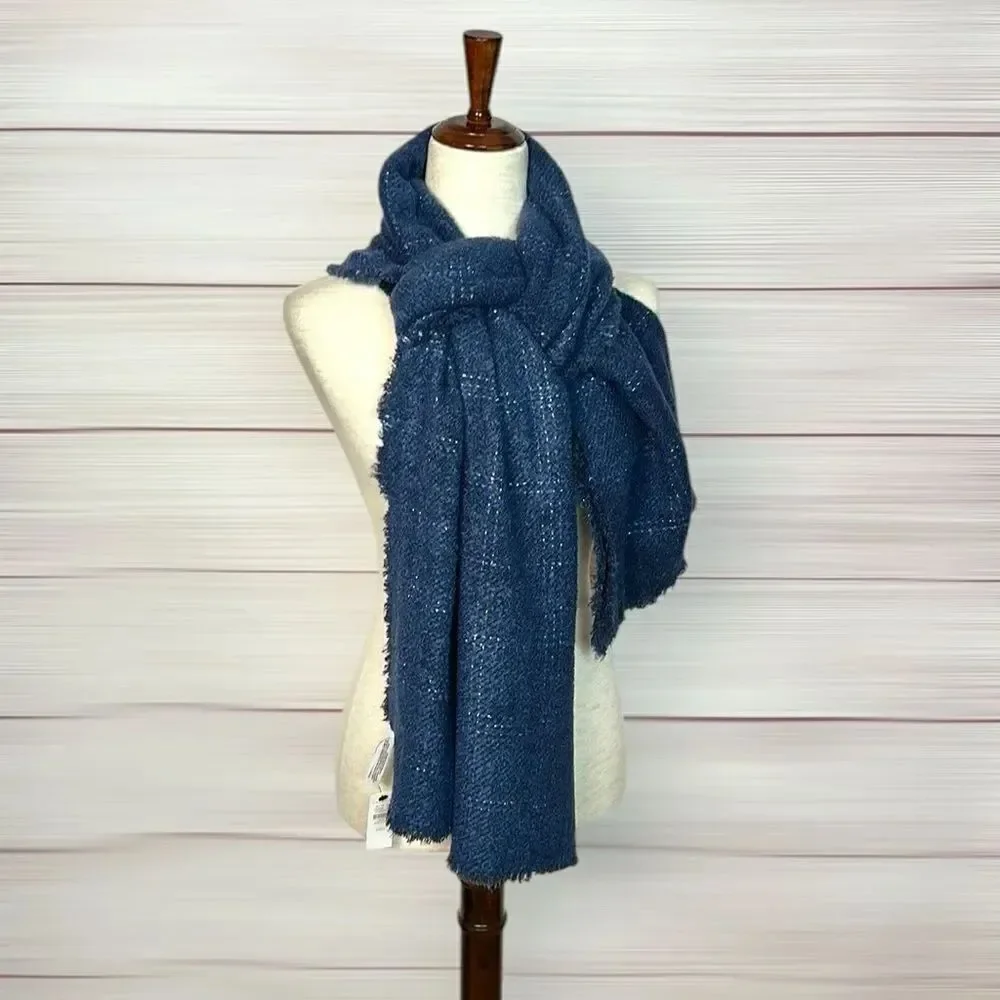 NWT Talbots Blue Wrap Scarf Metallic Windowpane Large Chunky New