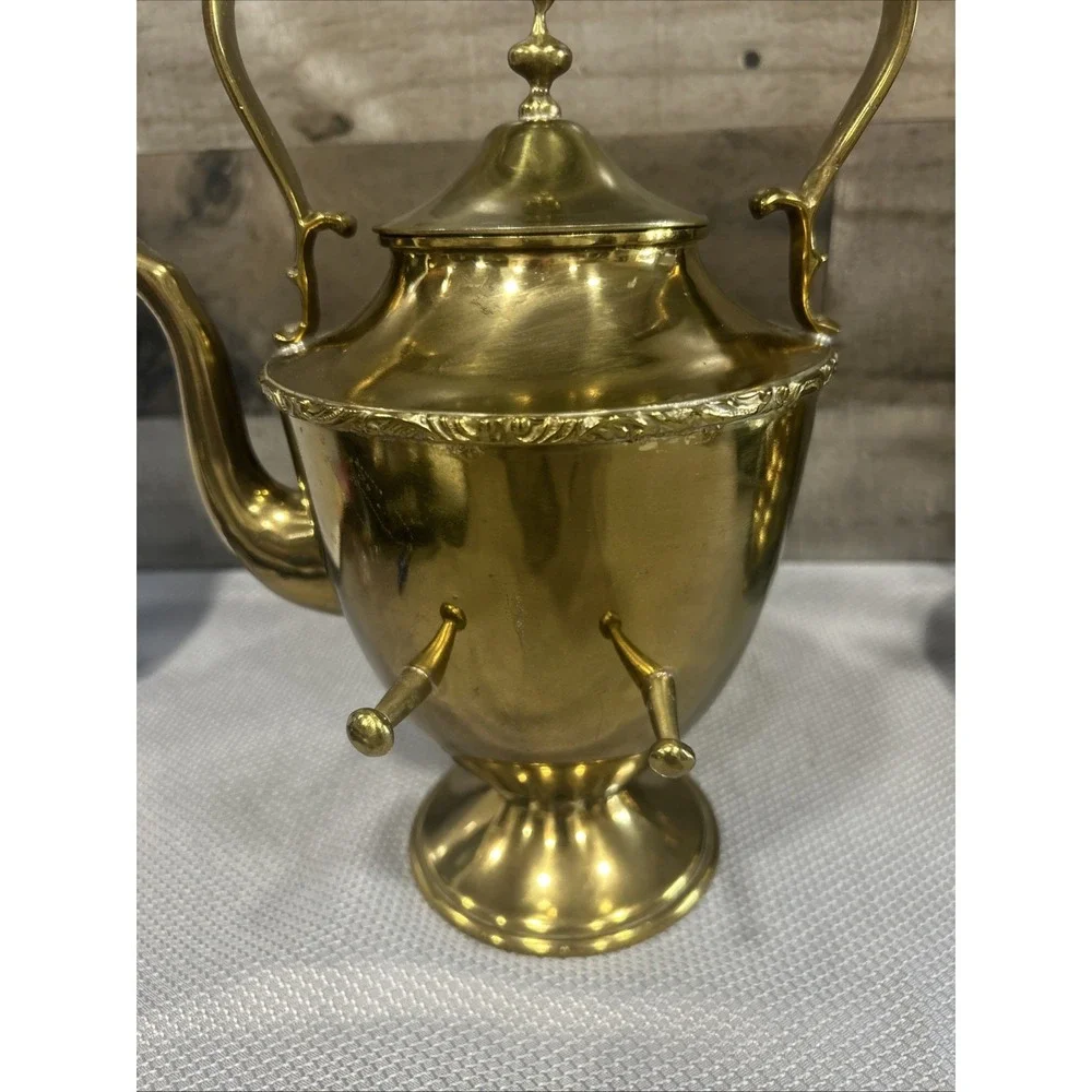 Vintage Ornate Brass Spirit Kettle Set on Stand Sugar Creamer Hollywood Regency