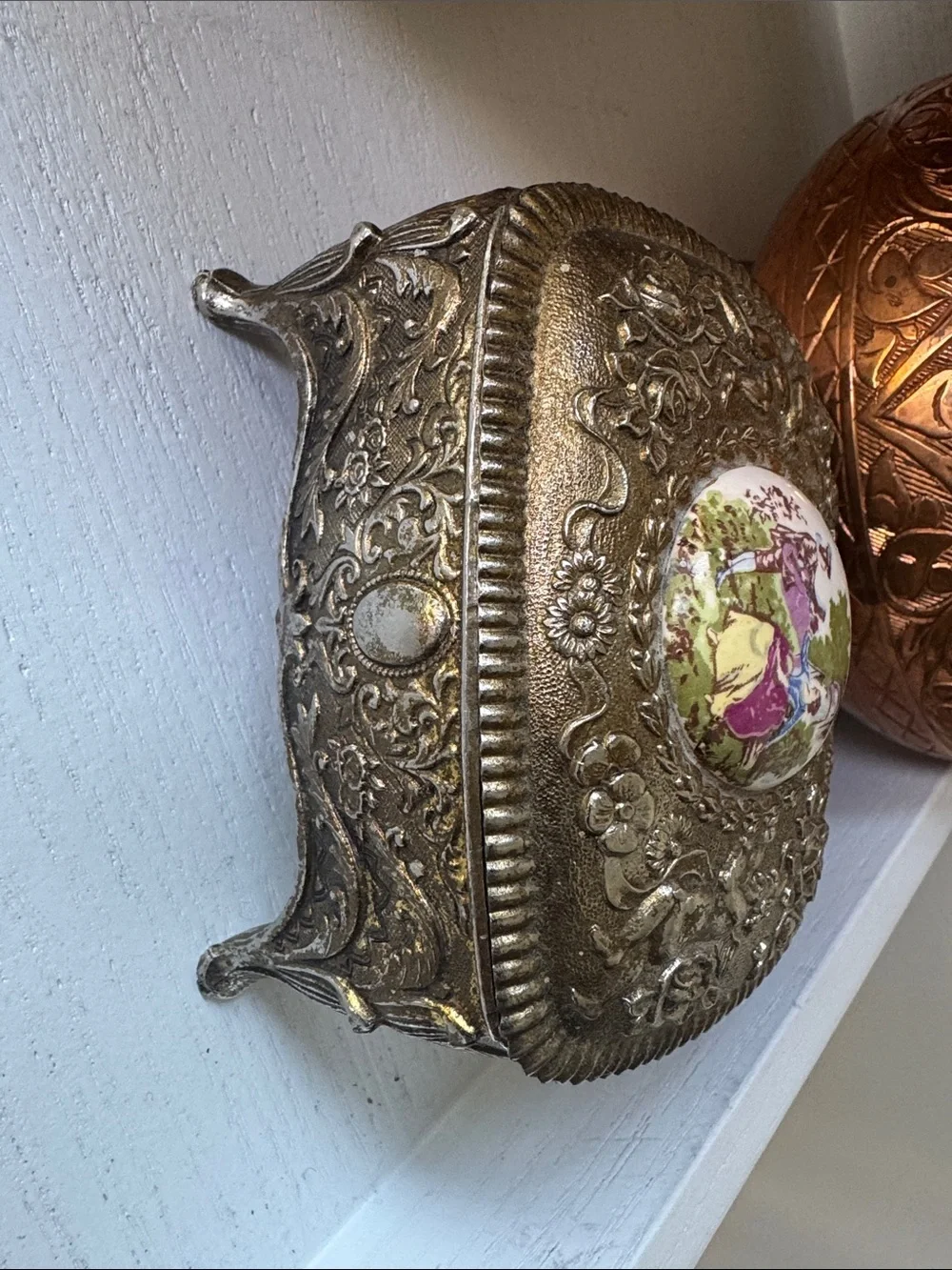 Farrington mid-century footed metal jewelry box.
