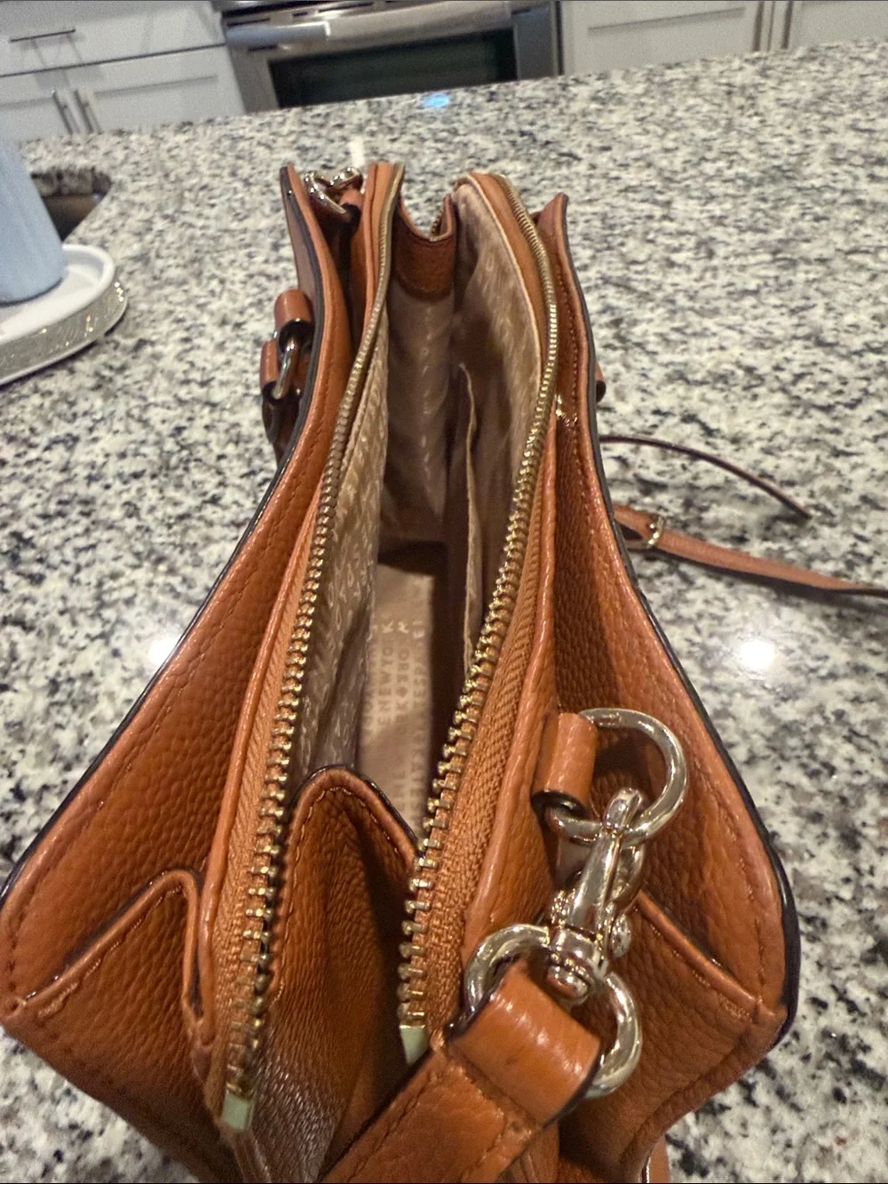 kate spade Tan Pebbled Leather Satchel with Gold Logo