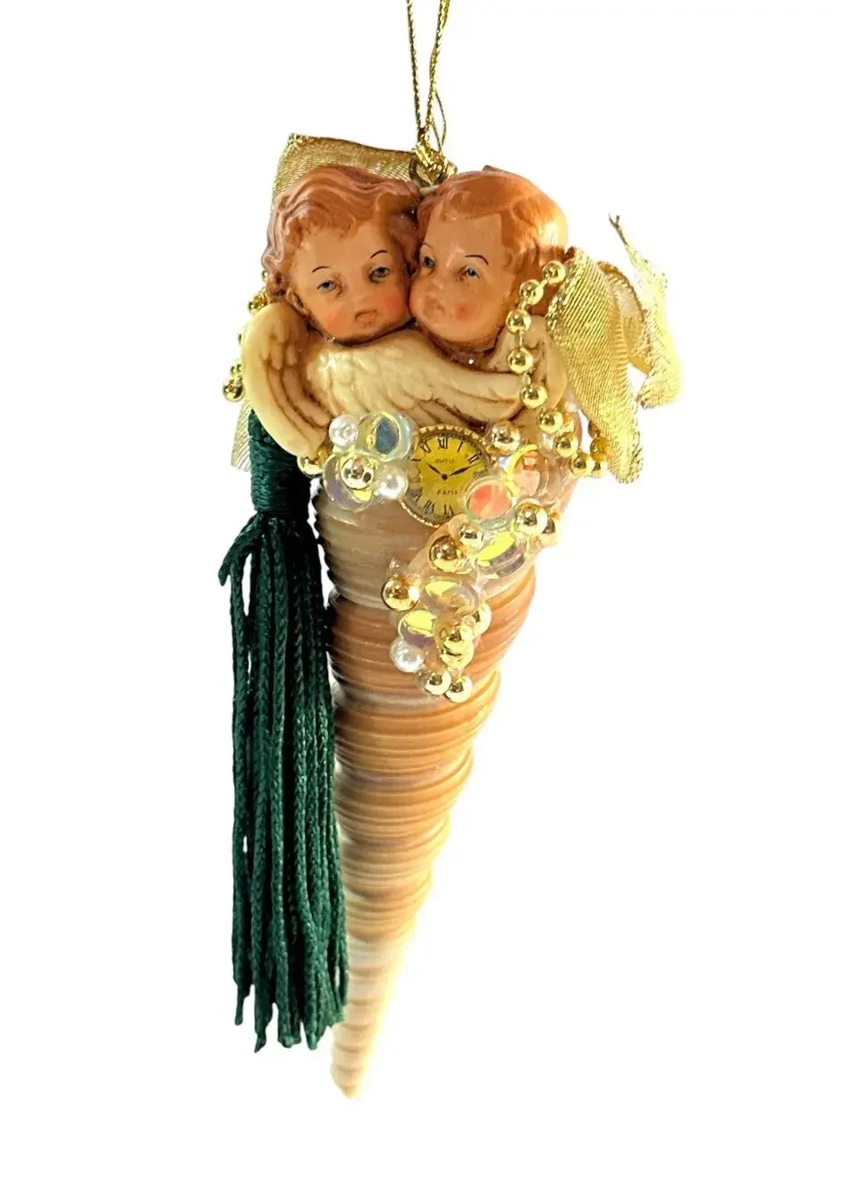 Vintage Cherub Seashell Christmas Ornament Beaded Tassel Victorian 5.5”