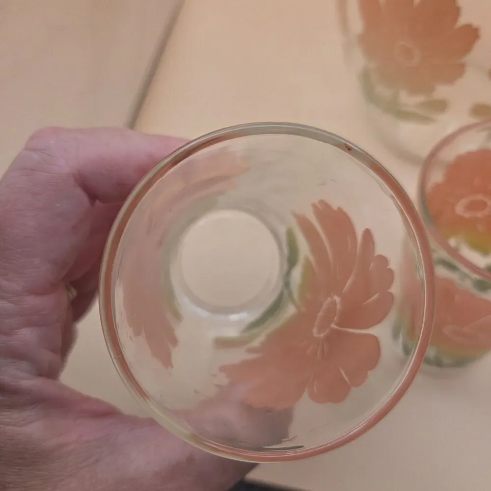 Clear Glass 1 Qt Pitcher & 3 Tumblers 4pc Set Orange Green Floral MCM Decor