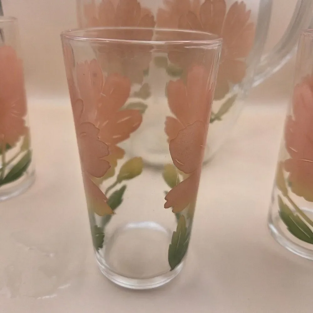 Clear Glass 1 Qt Pitcher & 3 Tumblers 4pc Set Orange Green Floral MCM Decor
