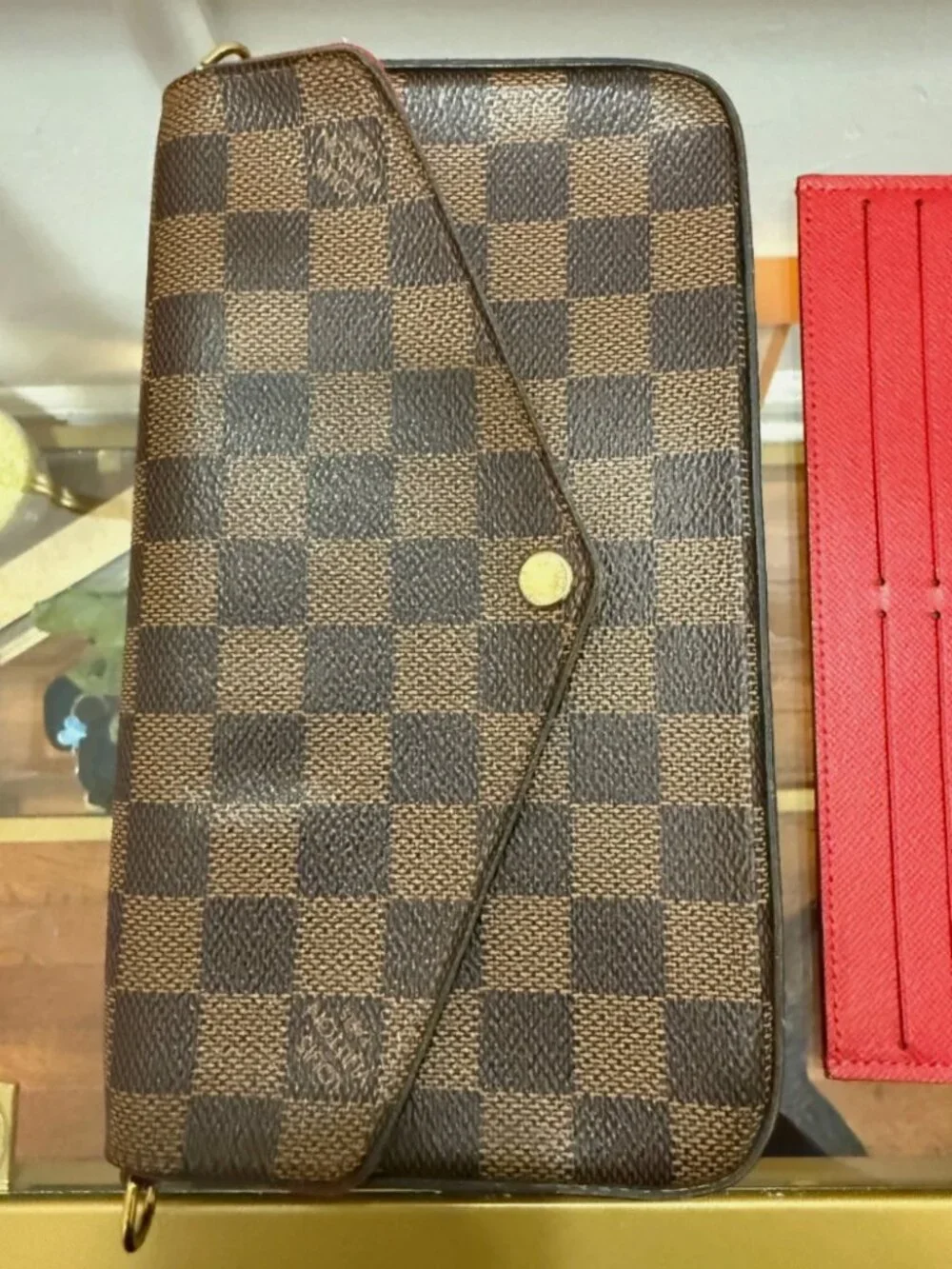 Louis Vuitton Damier Ebene Felicie with Red Wallet Insert Gold Chain Strap