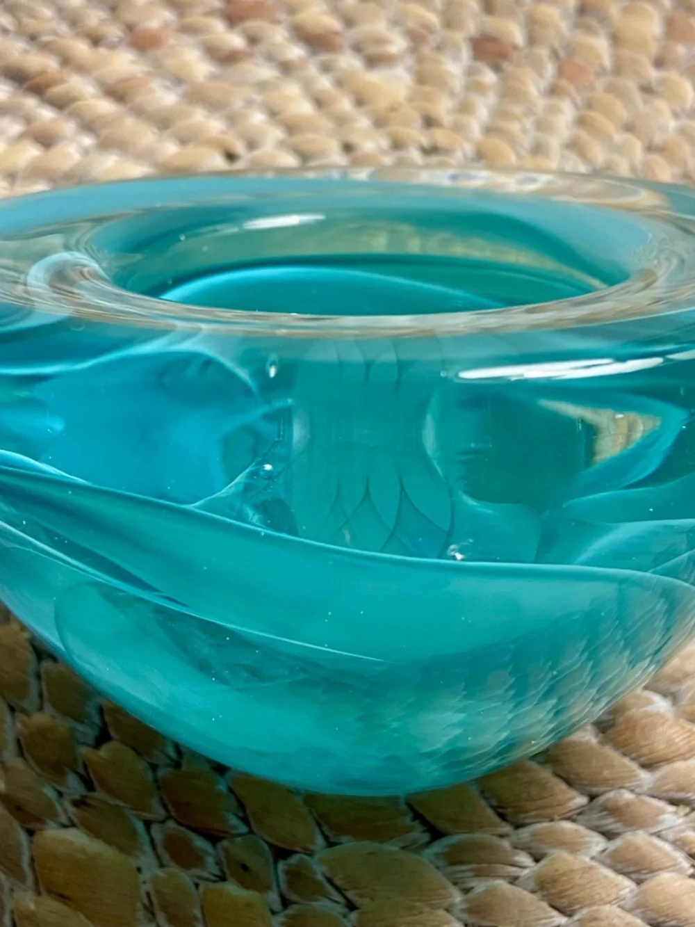 Vintage Kosta Boda Glass Atoll Anna Ehrner Aqua Green Swirl Votive Candle Holder
