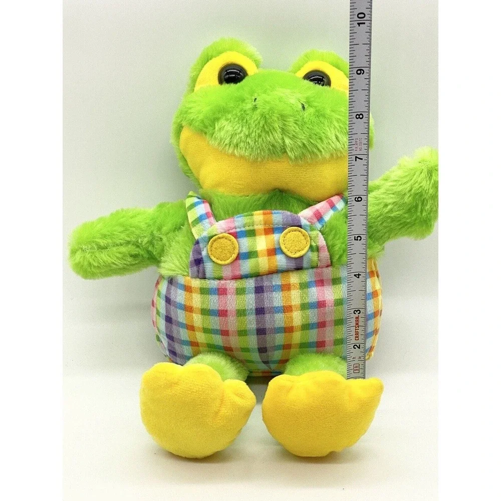 Hug & Luv Frog Plush With Bright Plaid Overalls 12