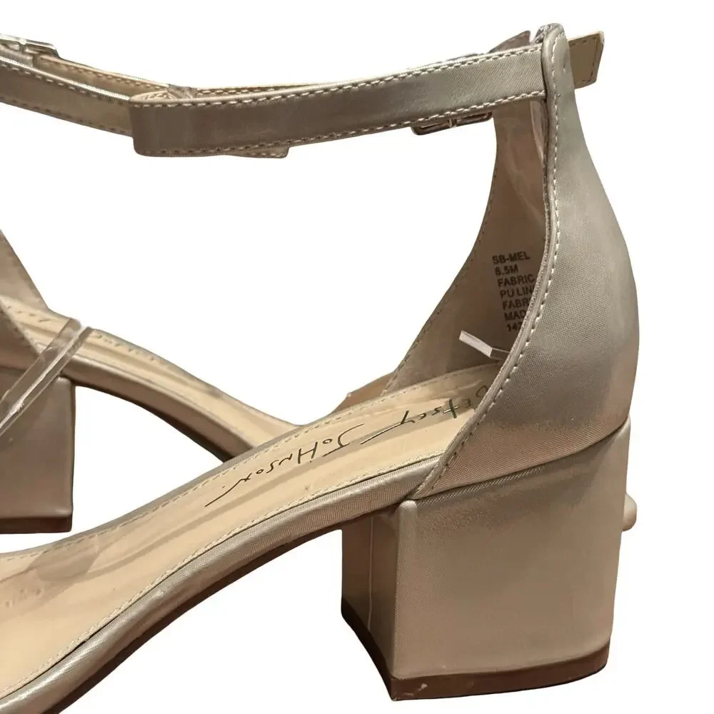 Betsey Johnson Mel Champagne Rhinestone Ankle Strap Block Heel Sandals Shoes 6.5