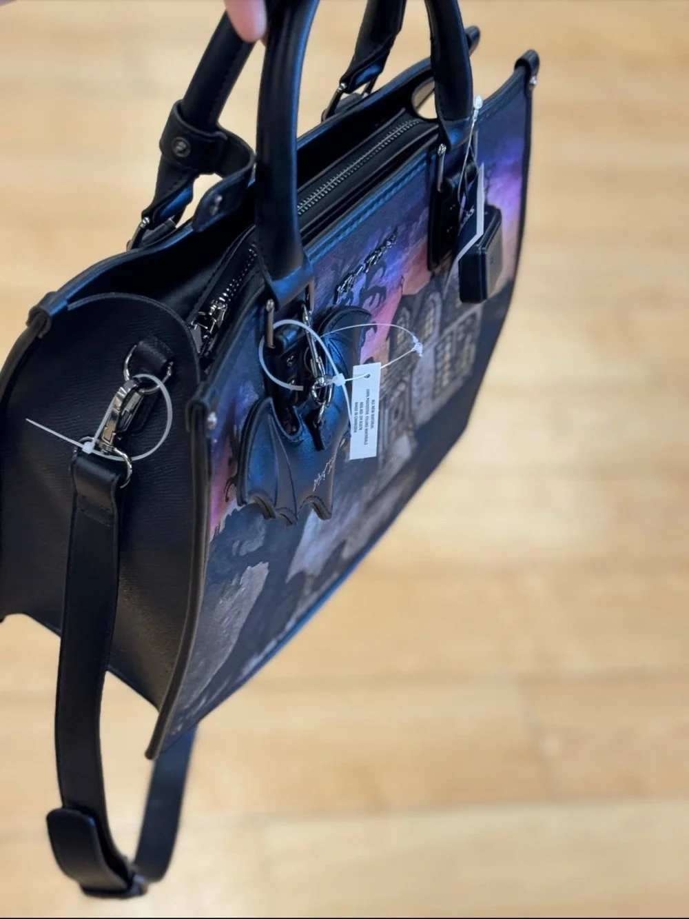 Betsey Johnson Black Canvas Haunted House Satchel with Purple-Pink Sky new