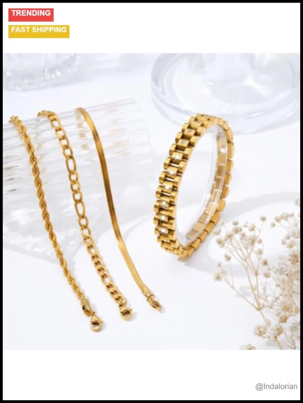 4-Piece 18K Gold-Filled Bracelet Set Cuban Link Herringbone Rope Adjustable