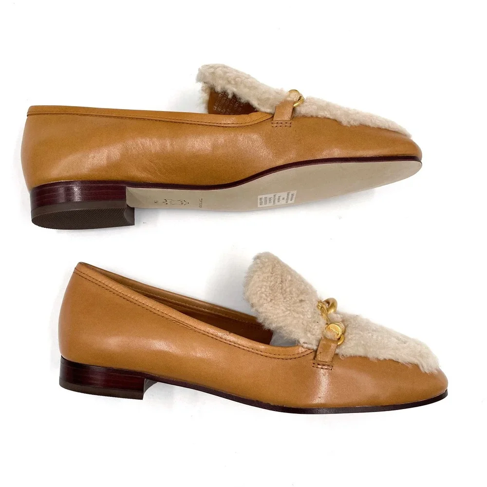 Tory Burch Jessa Shearling Loafers‎ Caramel Tan Leather Horsebit Sz 6.5