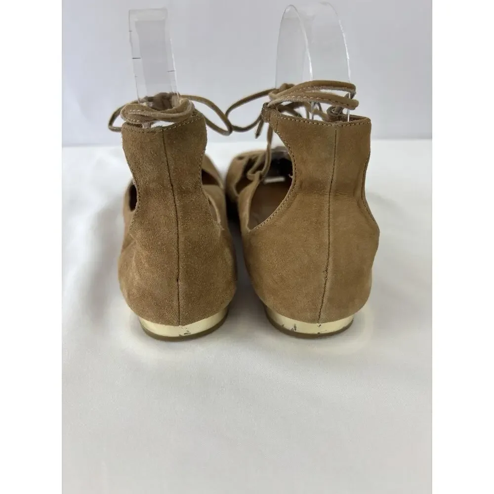 Aquazzura Firenze Dancer Lace Up Ballet Flats Camel Brown Tan Suede 38 7.5