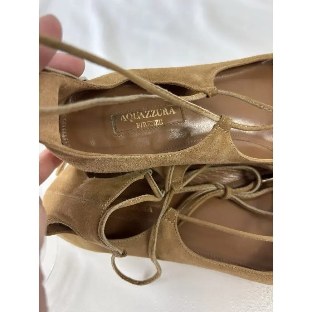 Aquazzura Firenze Dancer Lace Up Ballet Flats Camel Brown Tan Suede 38 7.5