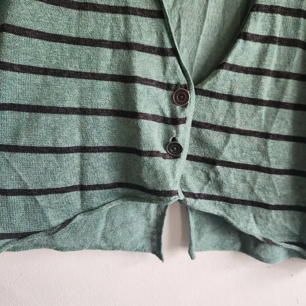 Free People Linen Blend Green Black striped two button cardigan sweater Size L