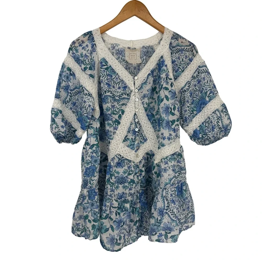 Johnny Was Jade Tunic Top Womens Small White Blue Linen Floral Lace Country Boho