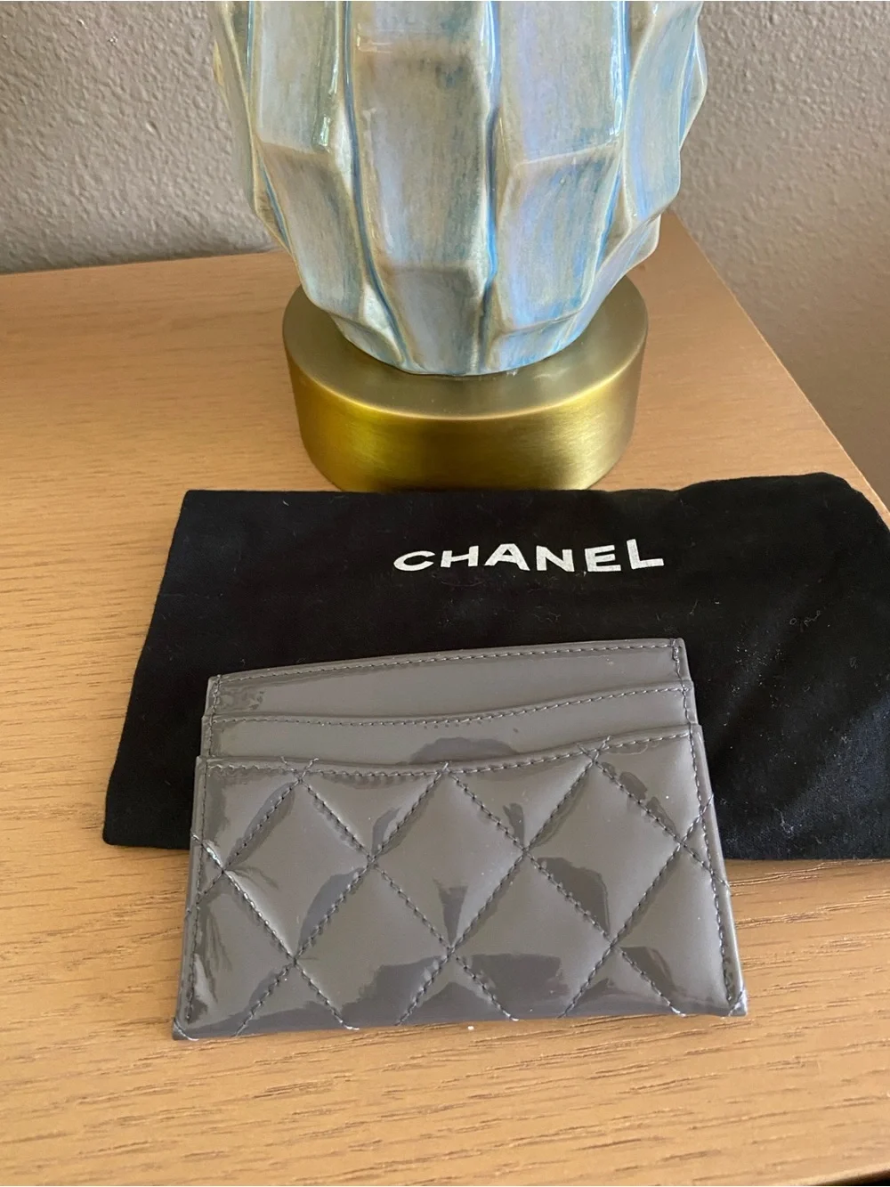Chanel Classic Quilted Gray Patent Card Holder With Silver Hardware