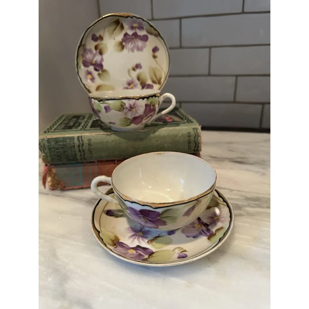 Vtg Nippon Porcelain 2 Tea Cups & Saucer Set Purple Violet Floral with Gold Trim