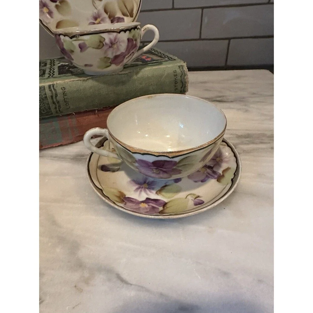 Vtg Nippon Porcelain 2 Tea Cups & Saucer Set Purple Violet Floral with Gold Trim