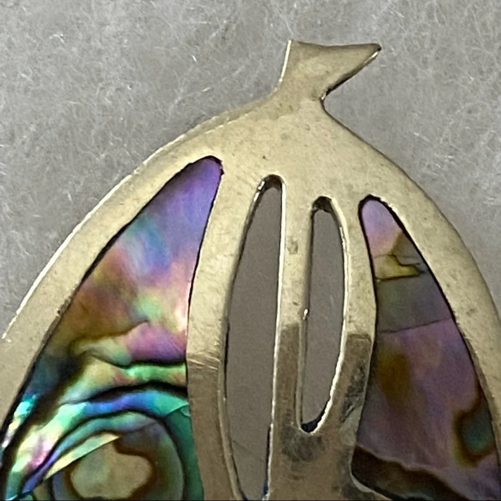 VINTAGE MEXICO ALPACA STERLING SILVER BROOCH PIN SAILBOAT ABALONE SHELL 6.1 g