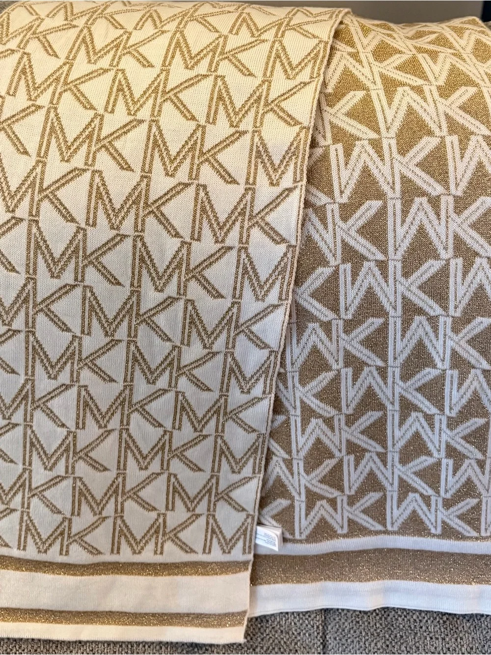 Michael Kors Ivory & Metallic Gold Monogram MK Logo Scarf 72