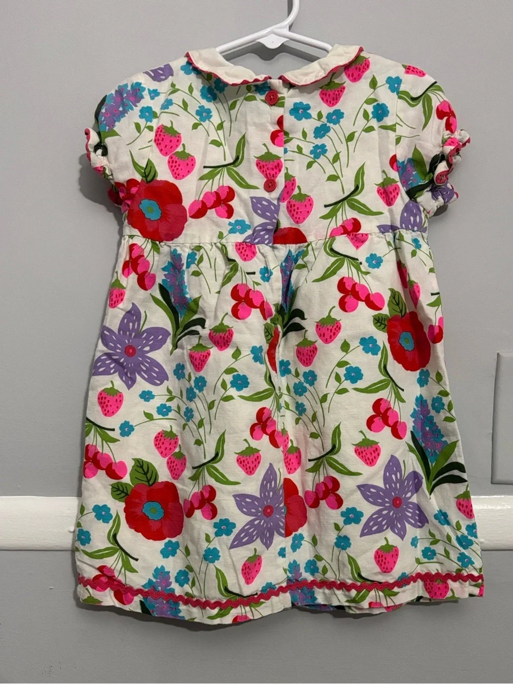 Baby Boden - Girls' Floral Strawberry Print Dress - White with Pink & Red