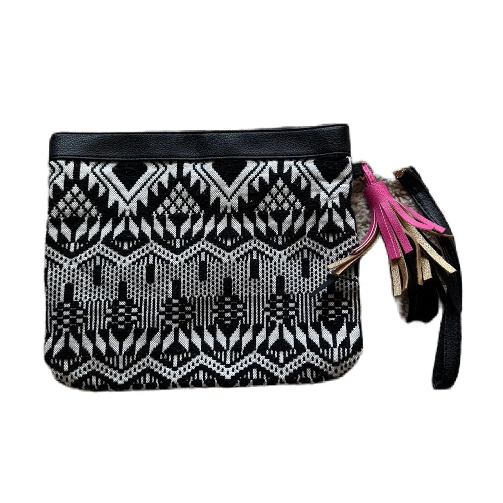 Black and White Patterned Clutch Purse with Pink Tassel Accent for Women EUC