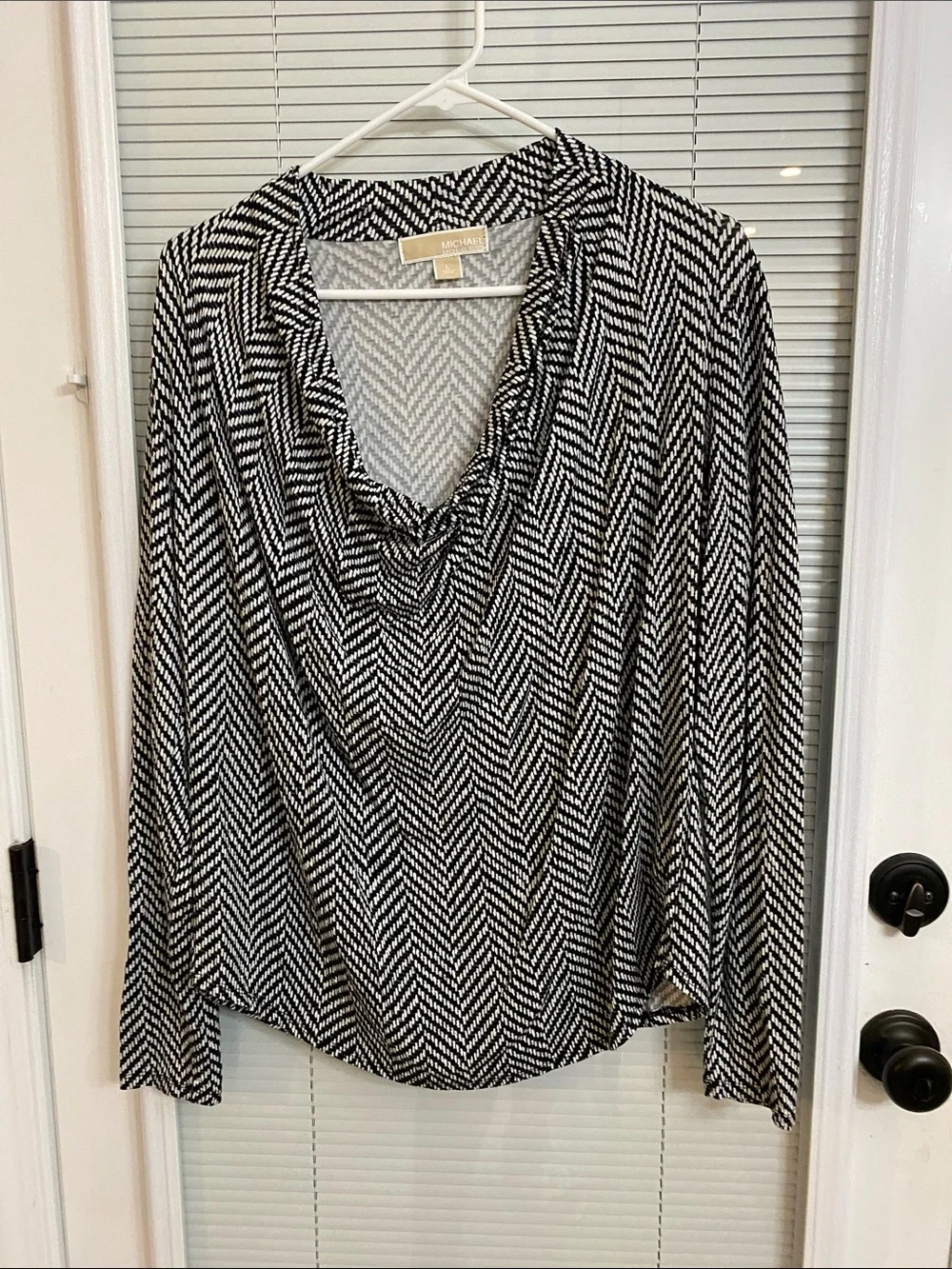 Michael Kors Black & White Chevron Cowl-Neck Long Sleeve Top