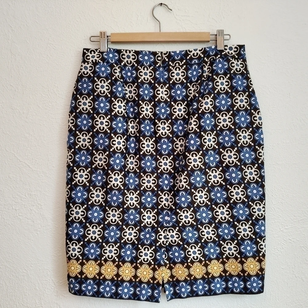 CHARTER CLUB Straight Skirt Knee Length Geometric Print Blue Brown Lined 8