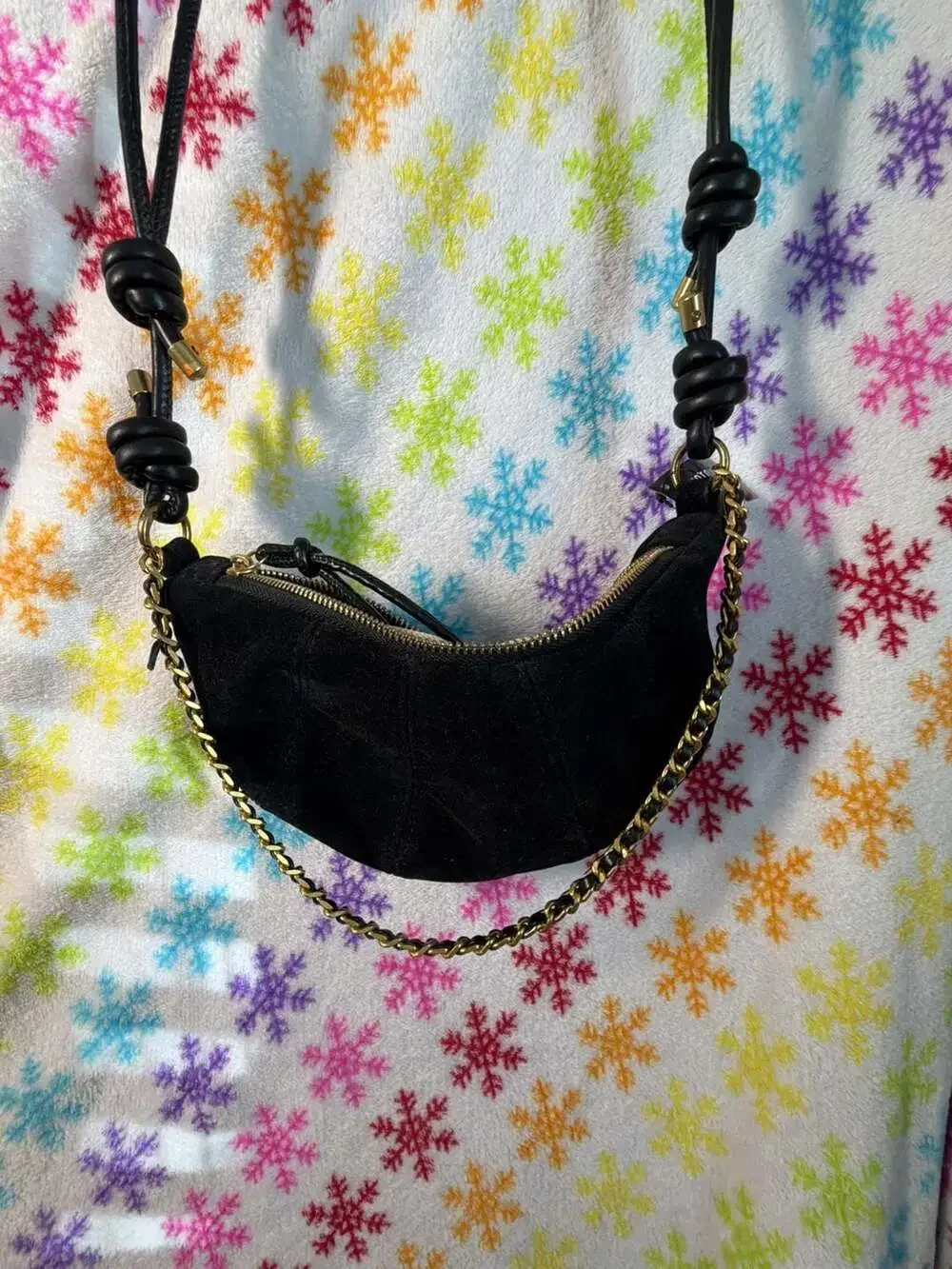 Black Faux Suede Crescent Moon Shoulder Bag with Chain and Knot Detail