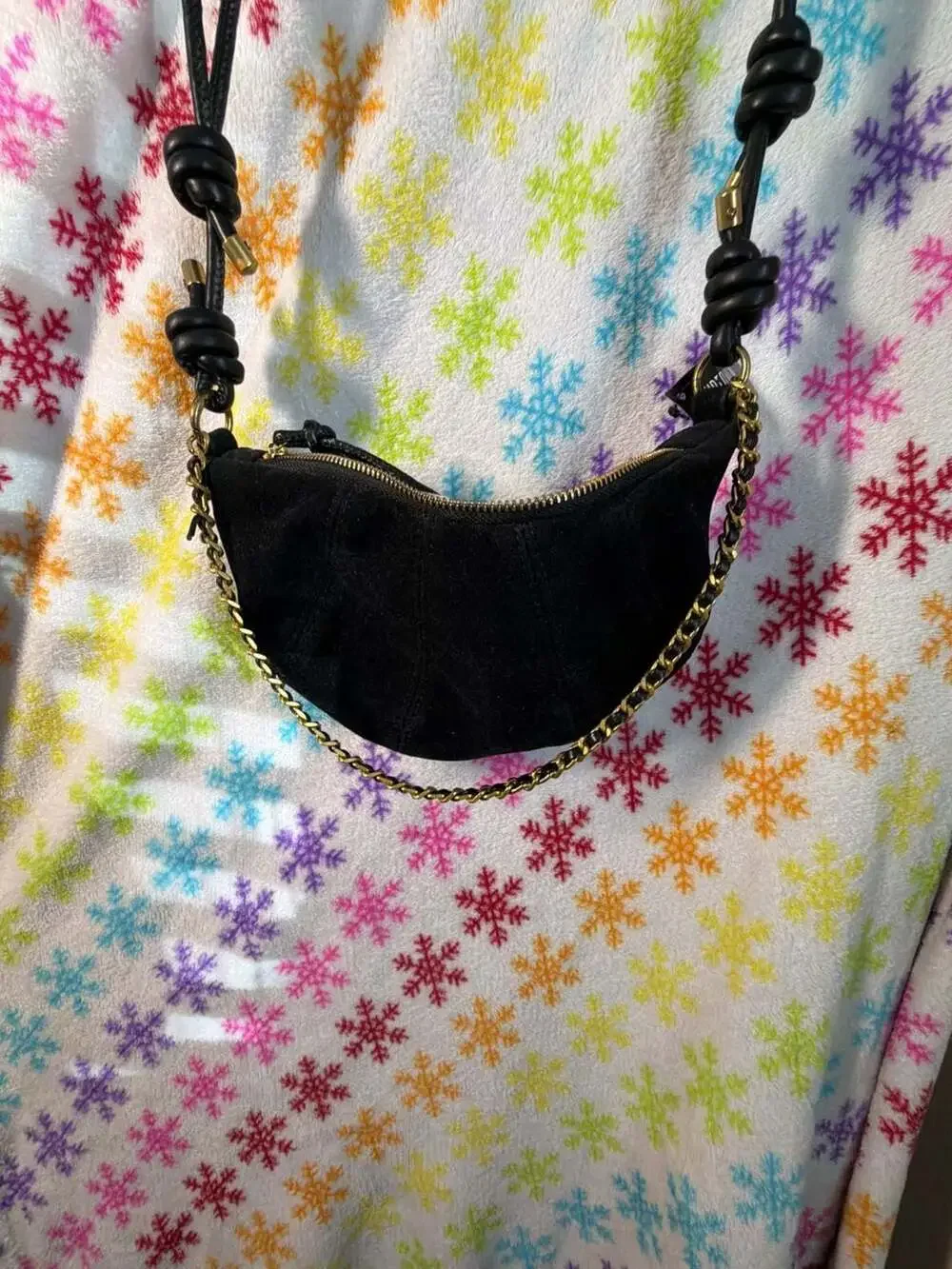 Black Faux Suede Crescent Moon Shoulder Bag with Chain and Knot Detail