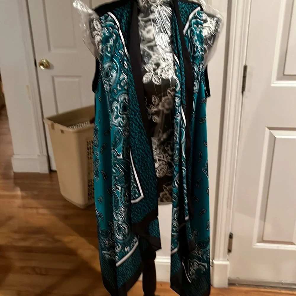 Michael Kors black & teal silk vest paisley print waterfall front size LG-XL