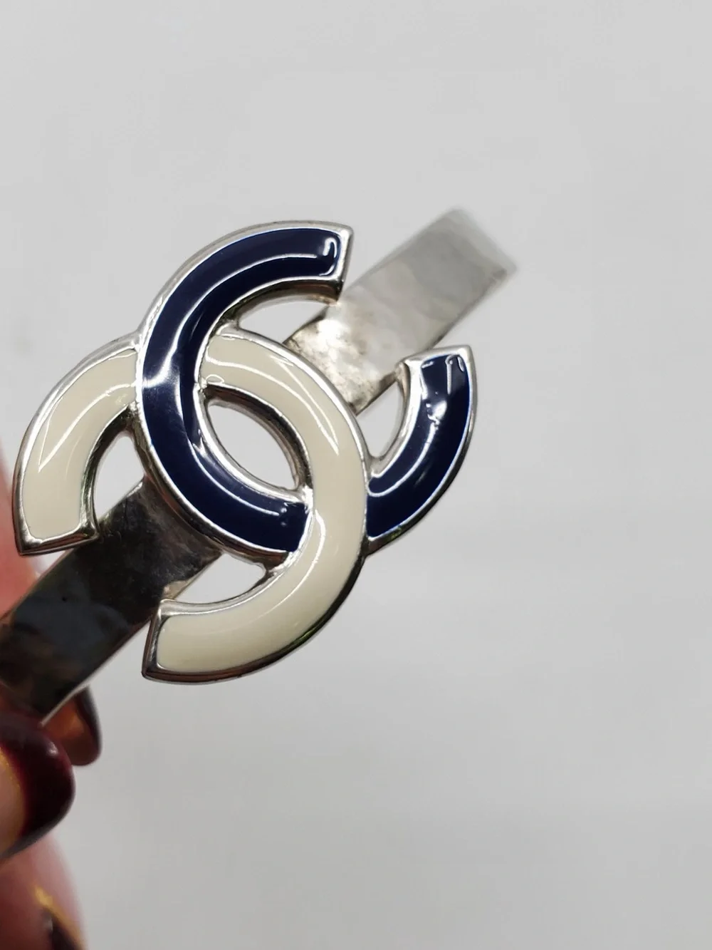 Chanel B15 Hammered Silver Tone Enamel CC Cuff Bracelet