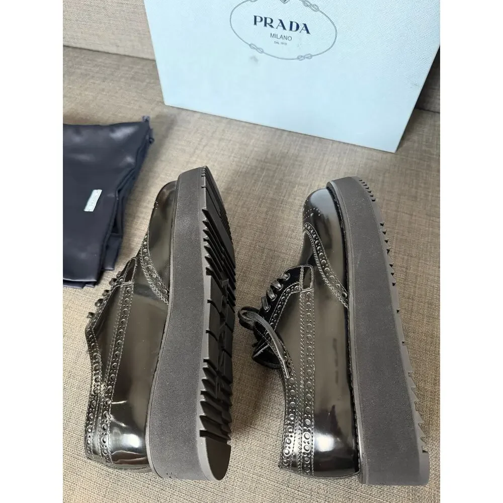 New Prada Leather Platform Brogue Derby Dress Shoes Sneakers Black Size 35.5
