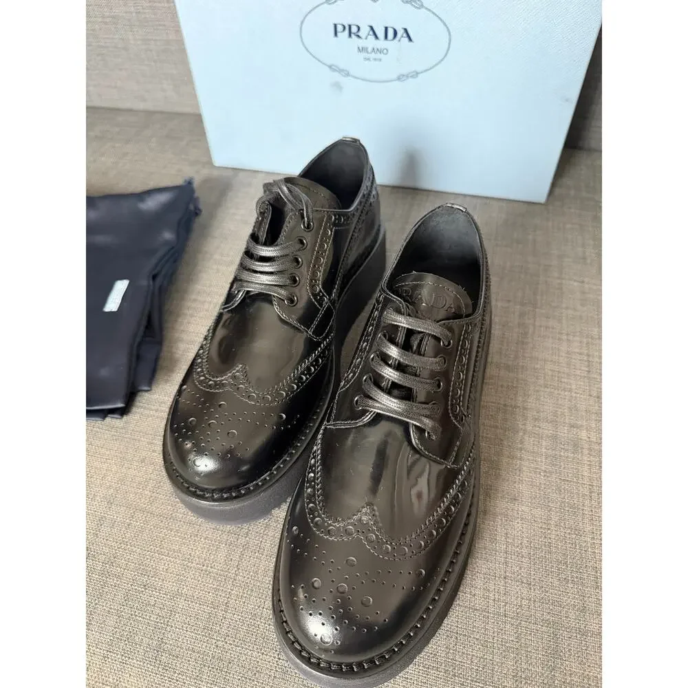 New Prada Leather Platform Brogue Derby Dress Shoes Sneakers Black Size 35.5