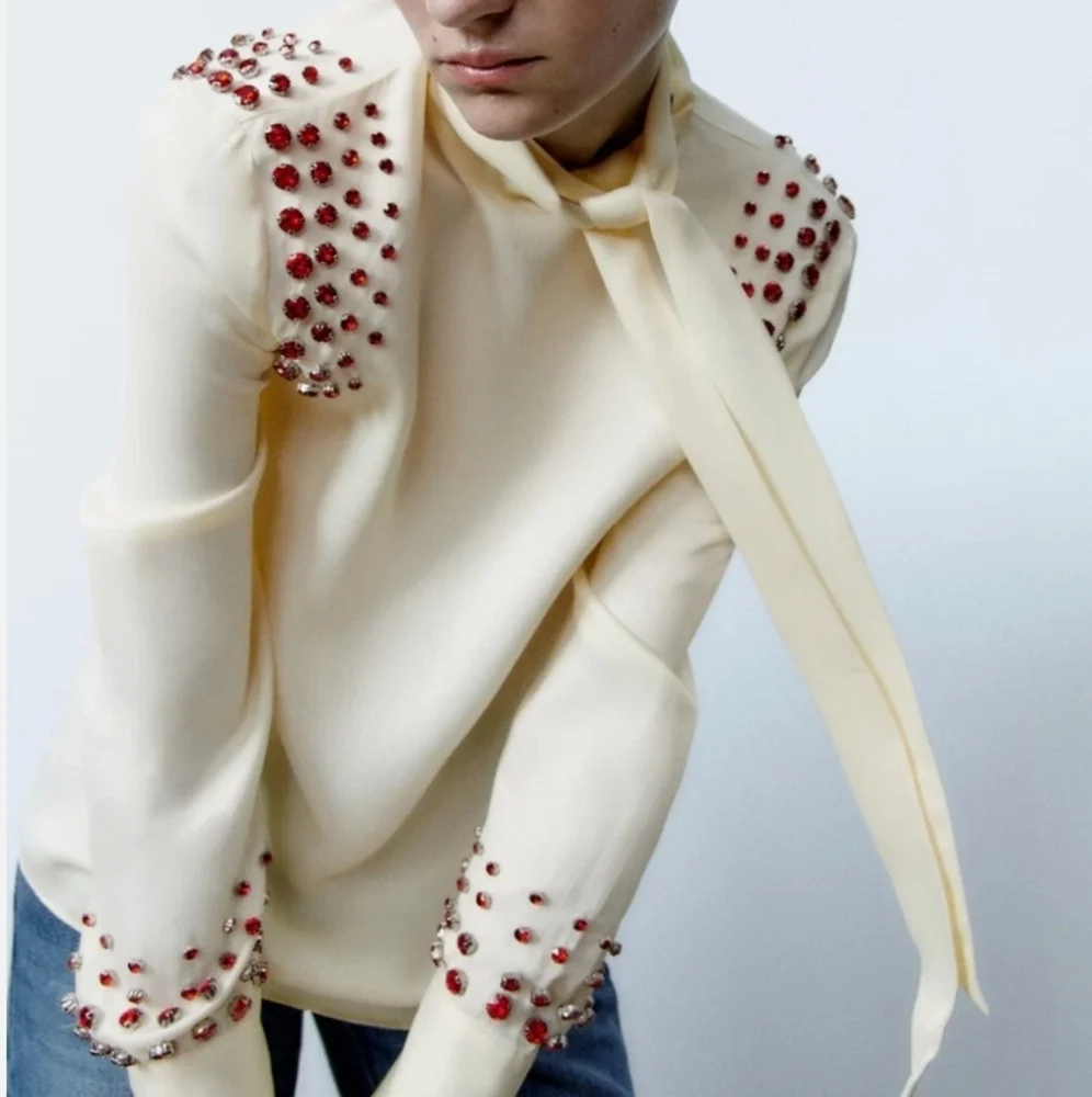 Zara Limited Edition lvory & Red Crystal Blouse