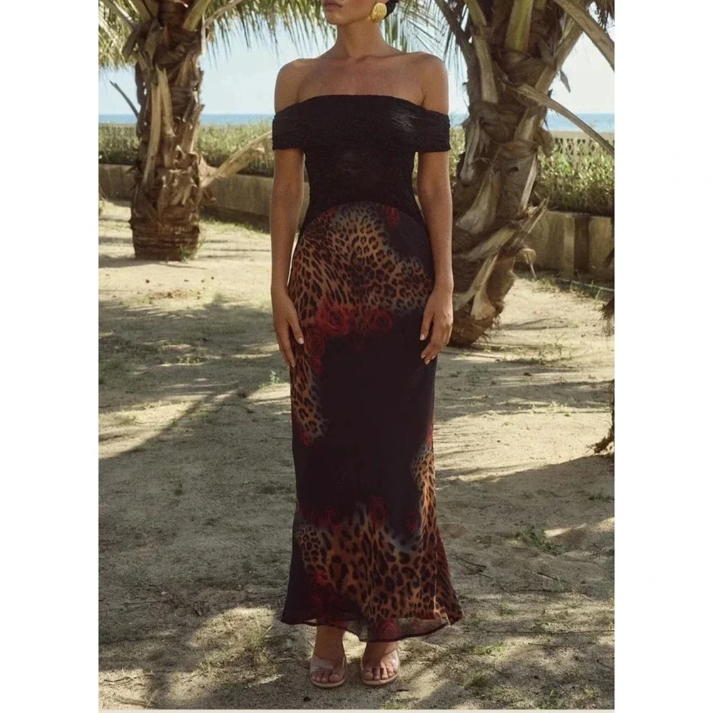 Runaway The Label Black‎ Lace Leopard Rose Off Shoulder Maxi Dress XS
