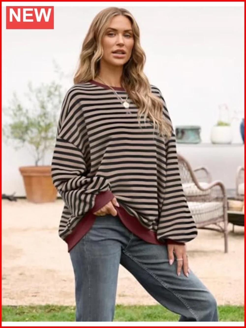 Oversized Striped Crewneck Sweatshirt Long Sleeve Casual Pullover