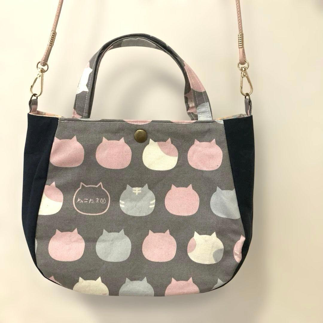 Handmade Round Bag 2-Way Shoulder Bag Nekotama Cat Pink Navy