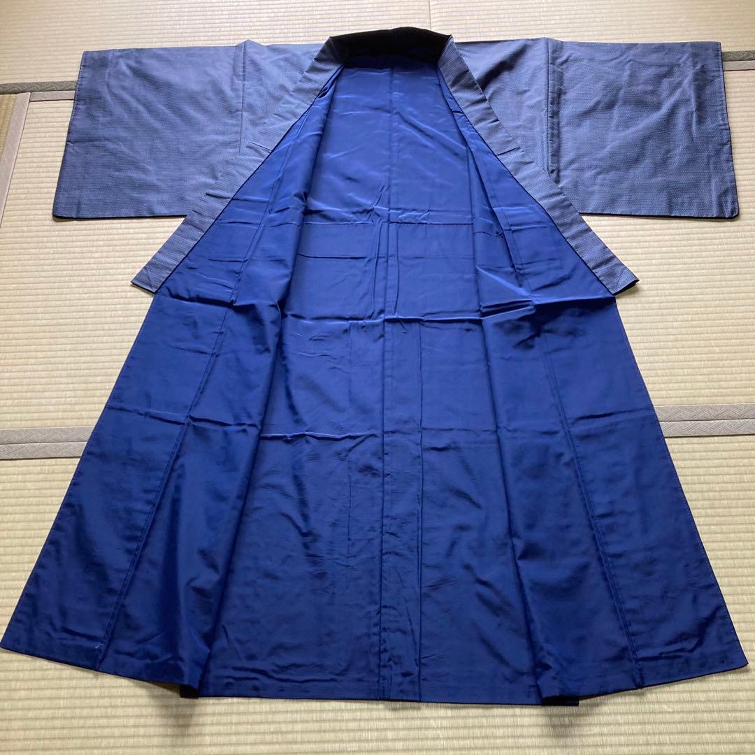 Men's Oshima Tsumugi Kimono and Haori Ensemble, Indigo? Gray? Tortoiseshell Pattern, Japanese Clothing, With Remnant Fabric