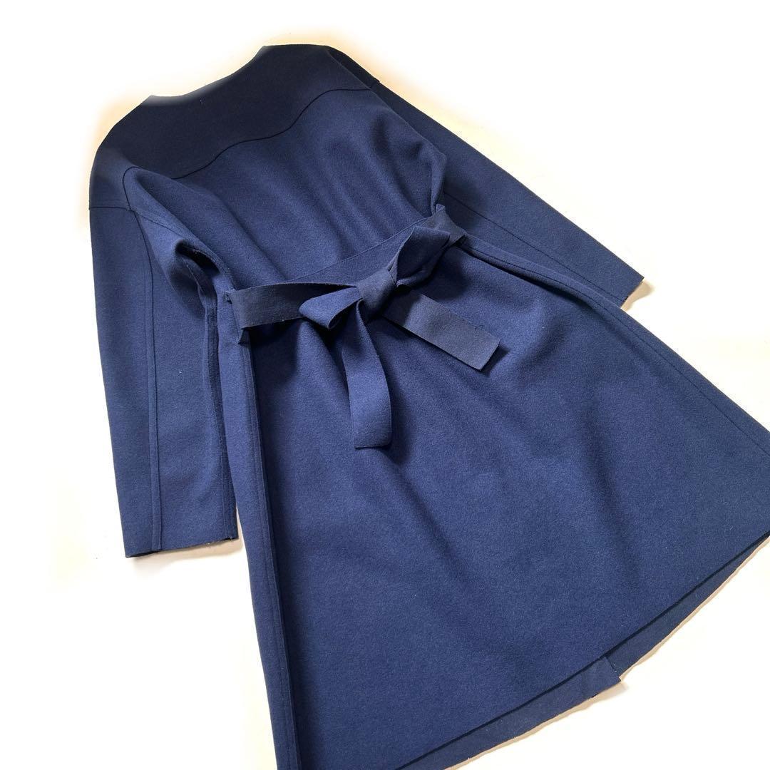 Beautiful condition [Te chichi] Navy blue collarless long coat F (SML150160)