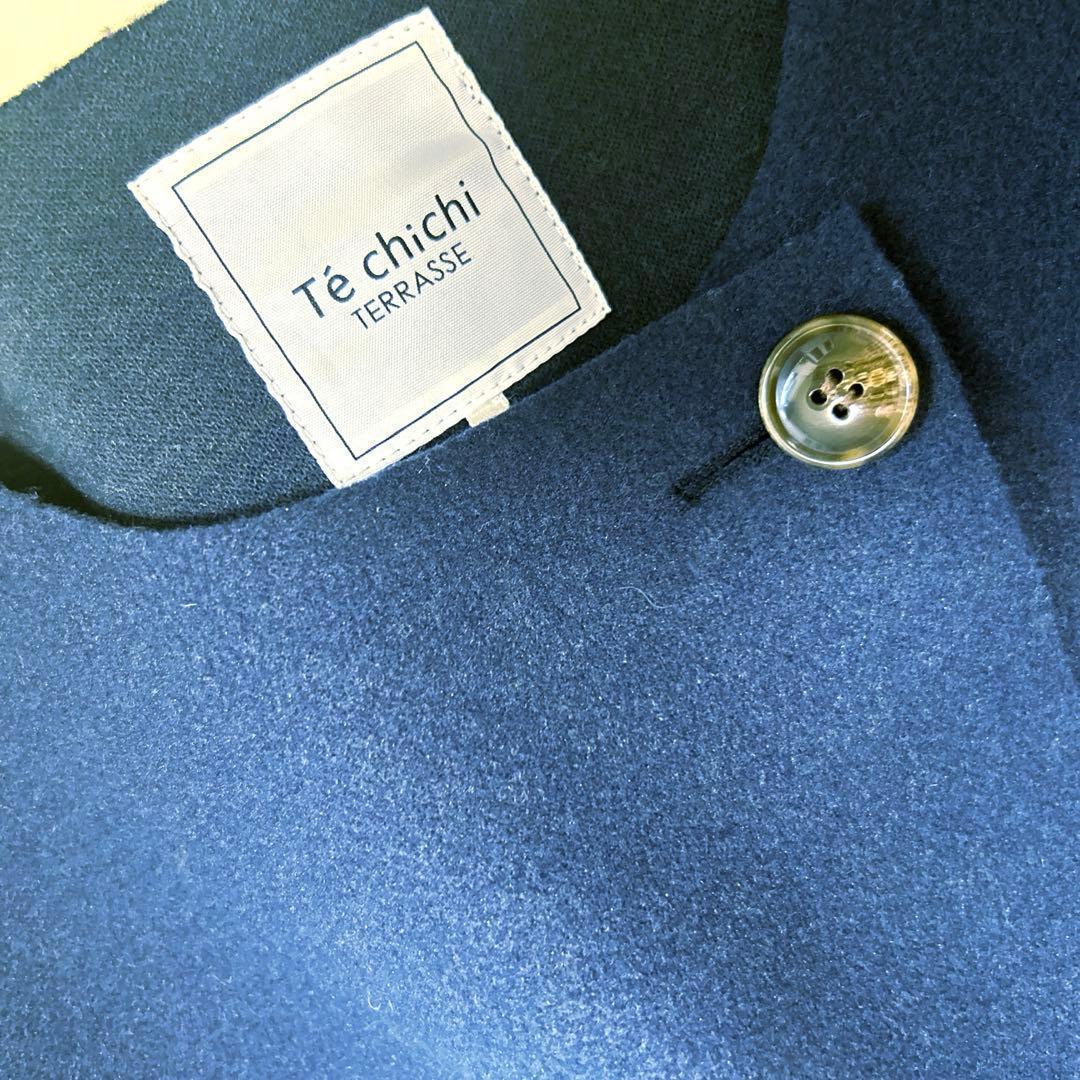 Beautiful condition [Te chichi] Navy blue collarless long coat F (SML150160)
