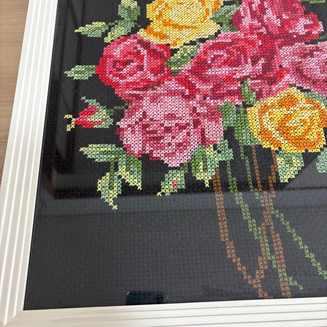 Retro embroidery picture, cross-stitch, roses, vintage, antique tools, flea market, antique market