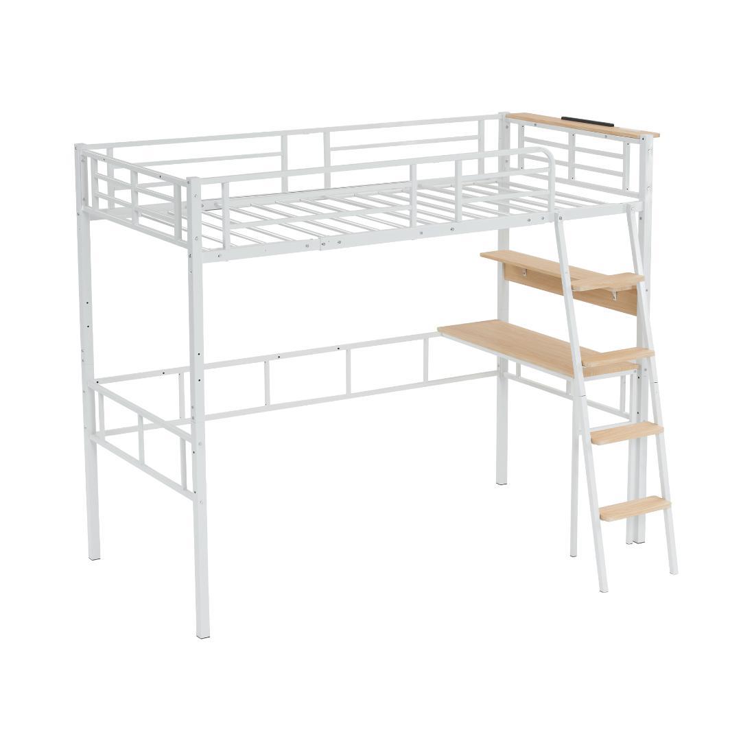 【Free Shipping】Nordic Style Loft Bed Single with Outlet, Load Capacity 150kg, WHITE
