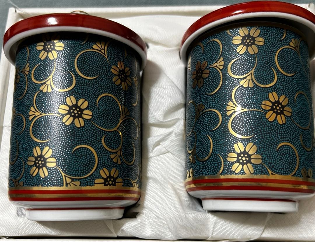 【Unused】Kutani Ware Lidded Pair Teacups - Blue Grains & Wisteria - Set of Teacups - Traditional Craft