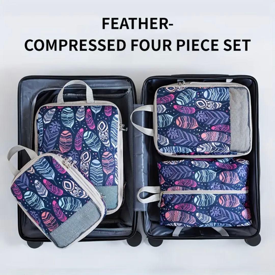 New, Unused ☆ Compression Pouch / Travel Storage Bag 4-Piece Set (Feather Pattern)